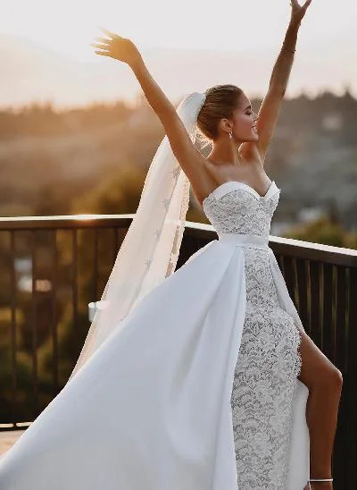 Boho Lace Sweetheart Slit Wedding Dresses With Detachable Train
