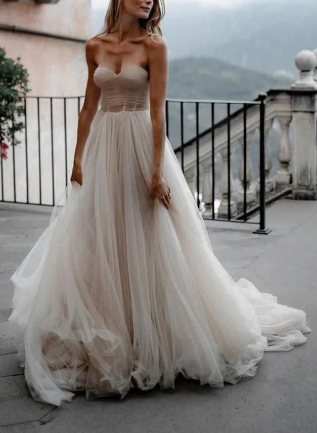 Strapless Tulle A-Line Boho Wedding Dresses - Missacc Strapless Tulle A-Line Boho Wedding Dresses - Missacc