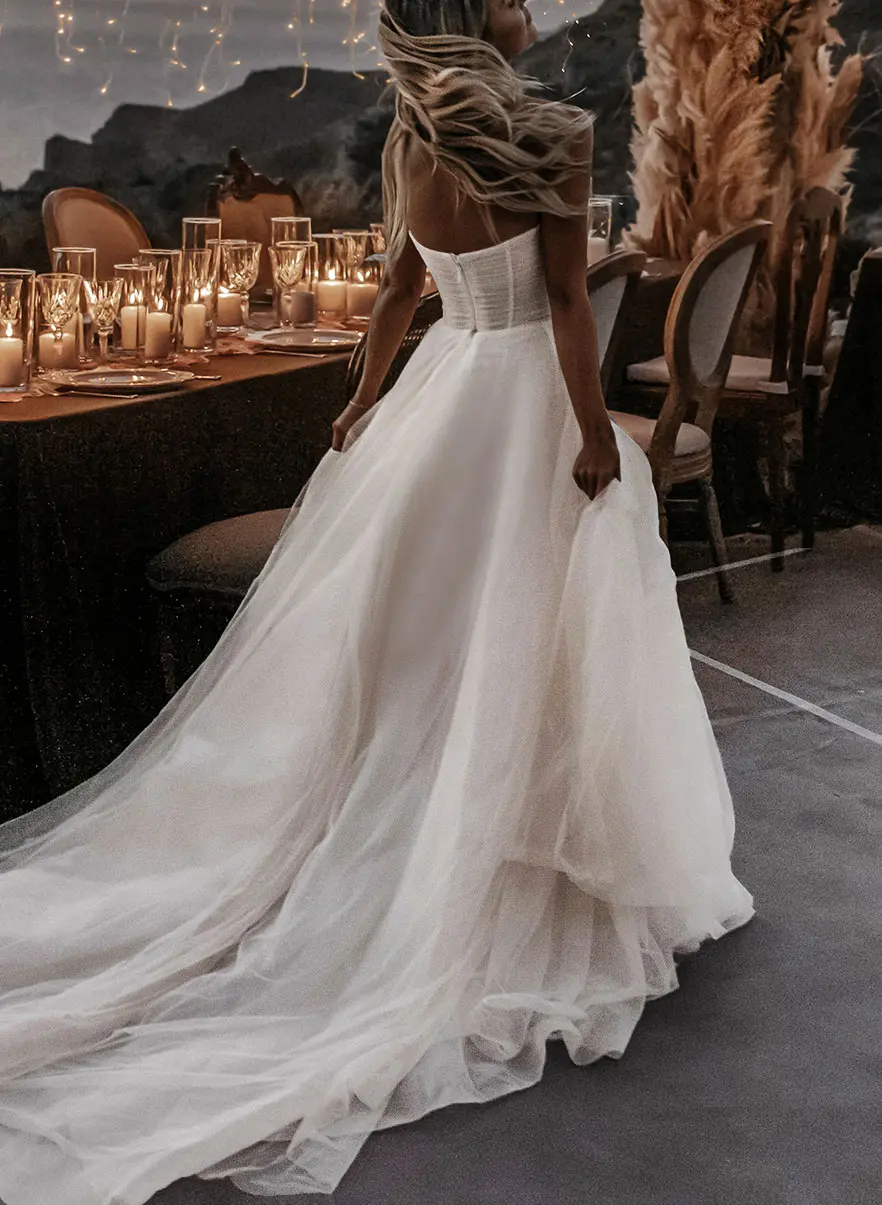 Missacc White Bride Boho Beach Tulle A-Line Slit Wedding Dresses