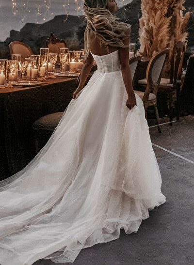 Boho Beach Tulle A-Line Slit Wedding Dresses