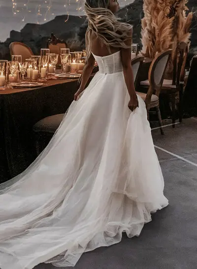 Boho Beach Tulle A-Line Slit Wedding Dresses