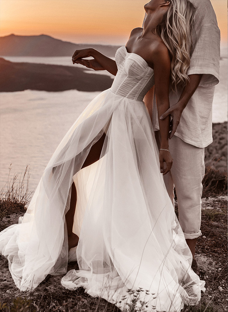 Boho Beach Tulle A-Line Slit Wedding Dresses