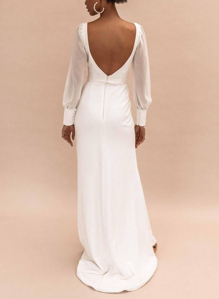 Simple V-Neck Long Sleeves Open Back Wedding Dresses