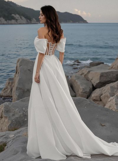 A-Line Off-The-Shoulder Elegant Organza Wedding Dresses With Split Front