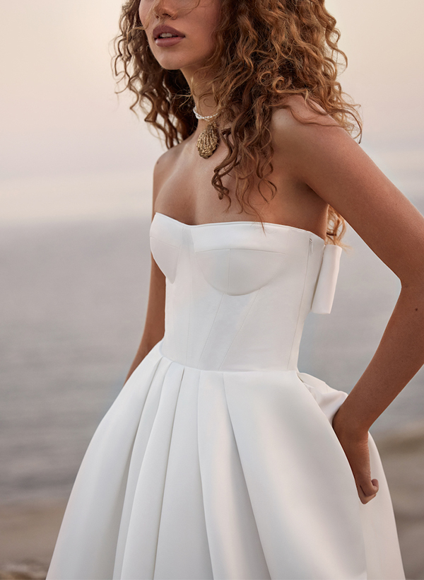 Simple Strapless Satin A-Line Wedding Dresses With Bow(s)/Pleated