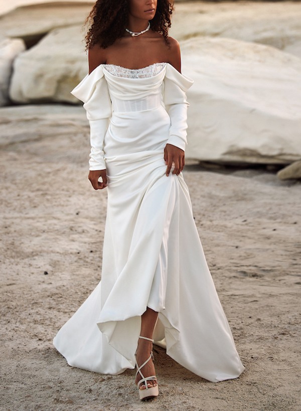 Sheath/Column Off-The-Shoulder Long Sleeves Satin Wedding Dresses With Sequins