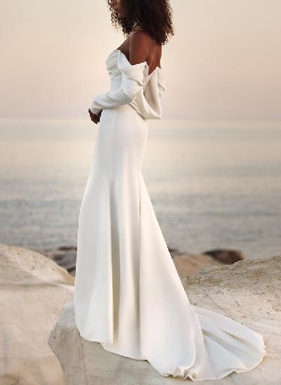 Sheath/Column Off-The-Shoulder Long Sleeves Satin Wedding Dresses With Sequins