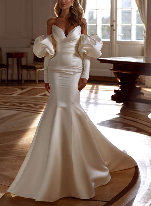 Trumpet/Mermaid Elegant Long Sleeves Court Train Satin Wedding Dresses