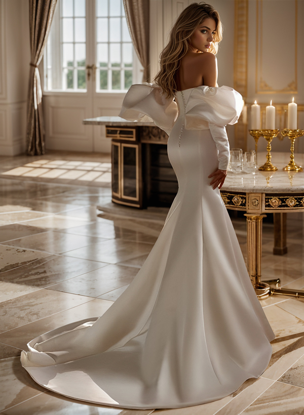 Trompette/Sirène Élégante Manches Longues Traîne Tribunal Satiné Robes De Mariée