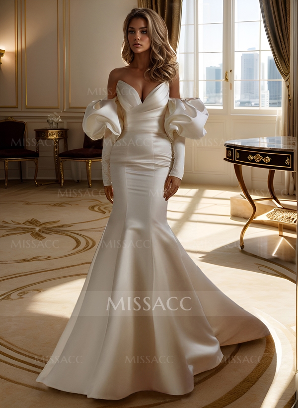 Trumpet/Mermaid Elegant Long Sleeves Court Train Satin Wedding Dresses