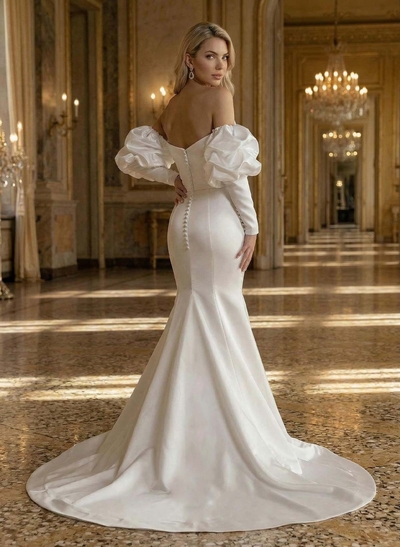 Trumpet/Mermaid Elegant Long Sleeves Court Train Satin Wedding Dresses