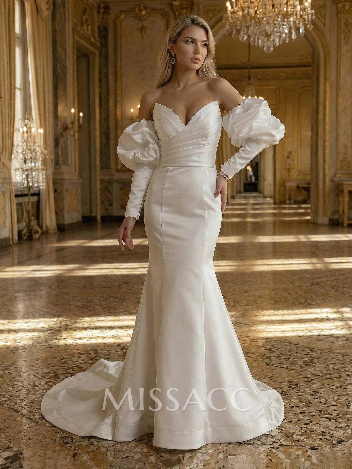 Trumpet/Mermaid Elegant Long Sleeves Court Train Satin Wedding Dresses Trumpet/Mermaid Elegant Long Sleeves Court Train Satin Wedding Dresses