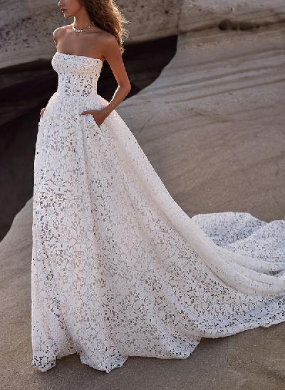A-Line Strapless Sleeveless Vintage Lace Wedding Dresses With Pockets