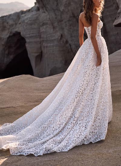 A-Line Strapless Sleeveless Vintage Lace Wedding Dresses With Pockets