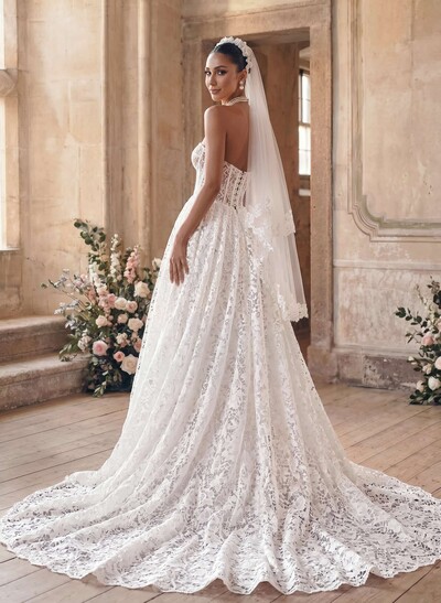 A-Line Strapless Sleeveless Vintage Lace Wedding Dresses With Pockets