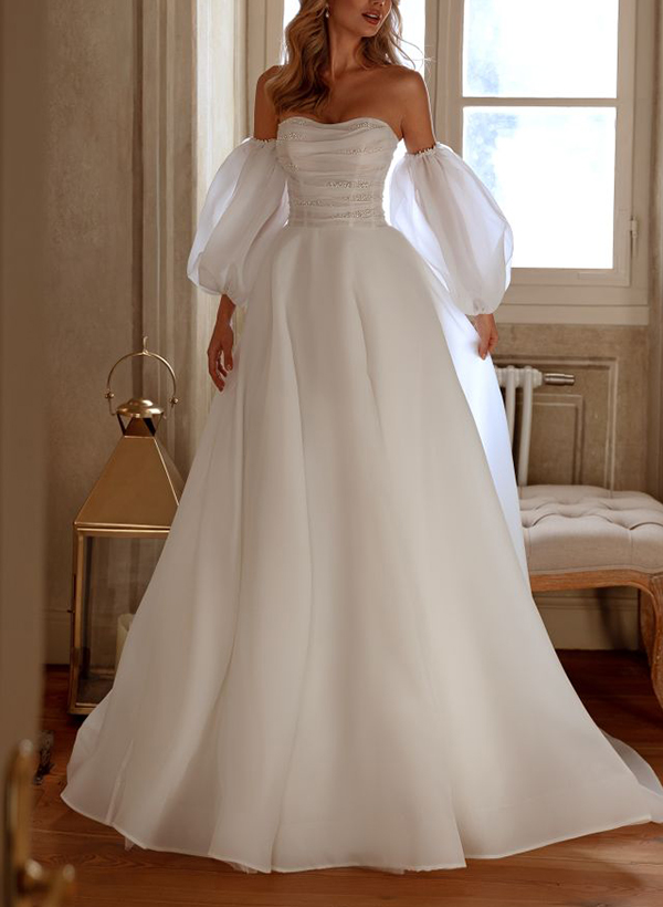 A-Line Strapless 1/2 Sleeves Elegant Organza Wedding Dresses With Beading