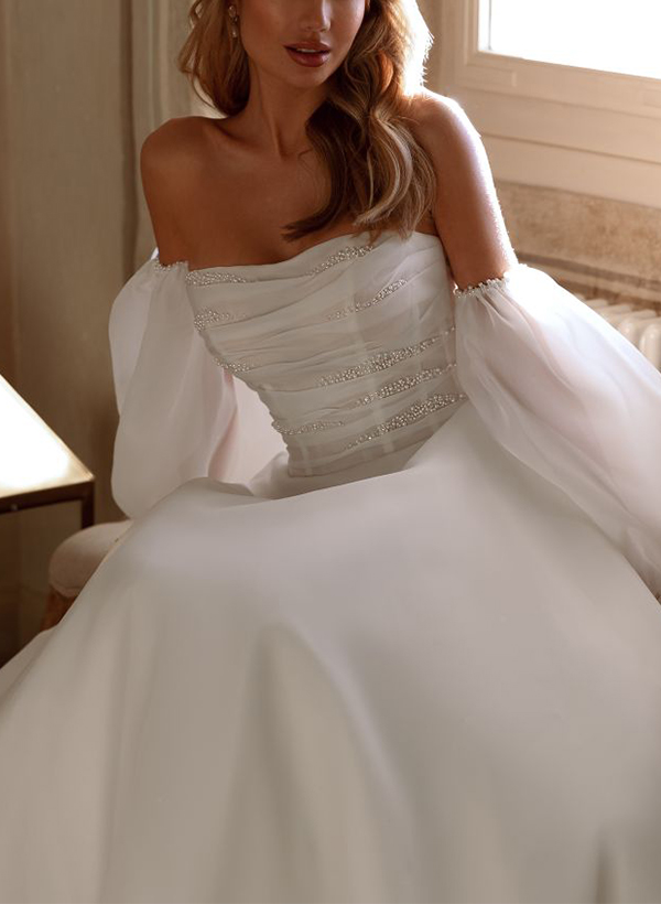 A-Line Strapless 1/2 Sleeves Elegant Organza Wedding Dresses With Beading
