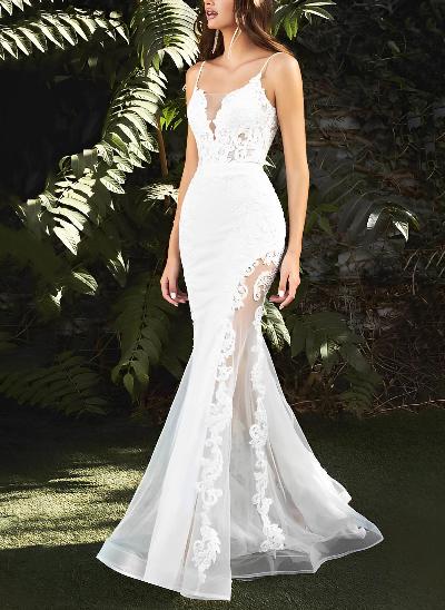 Mermaid Sleeveless Sweep Train Wedding Dresses With Appliques Lace