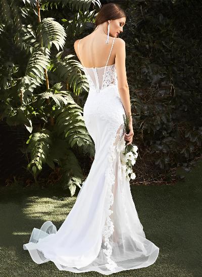 Mermaid Sleeveless Sweep Train Wedding Dresses With Appliques Lace