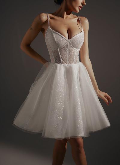 Sparkle Short/Mini Sequined A-Line V-Neck Wedding Dresses With Spaghetti Straps