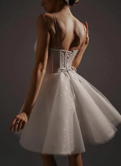 Sparkle Short/Mini Sequined A-Line V-Neck Wedding Dresses With Spaghetti Straps