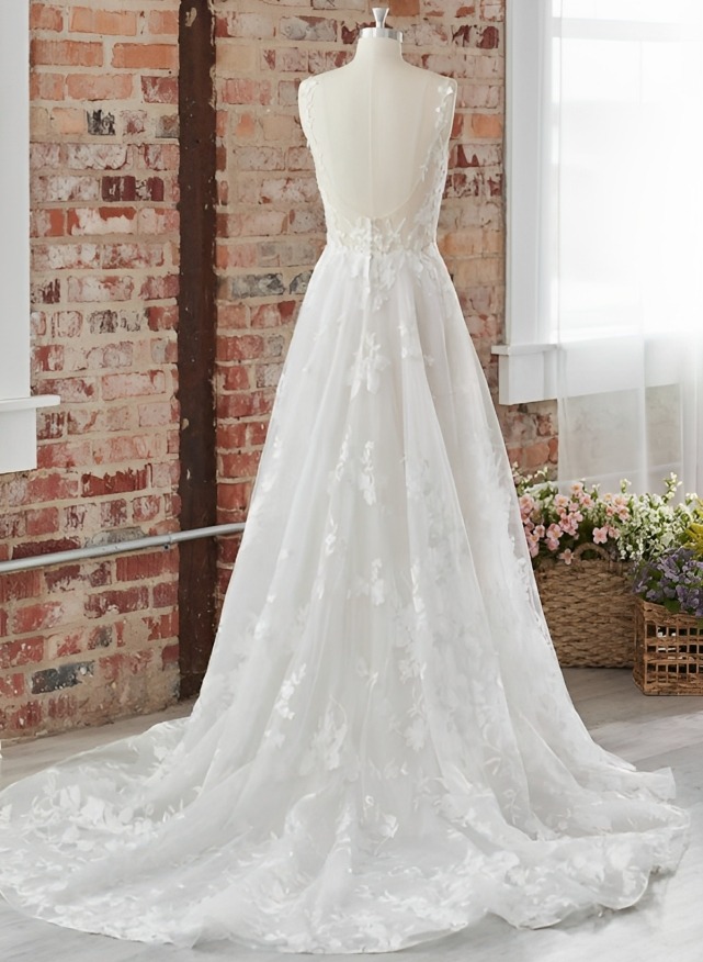 A-Line V-Neck Sleeveless Sweep Train Lace Wedding Dresses