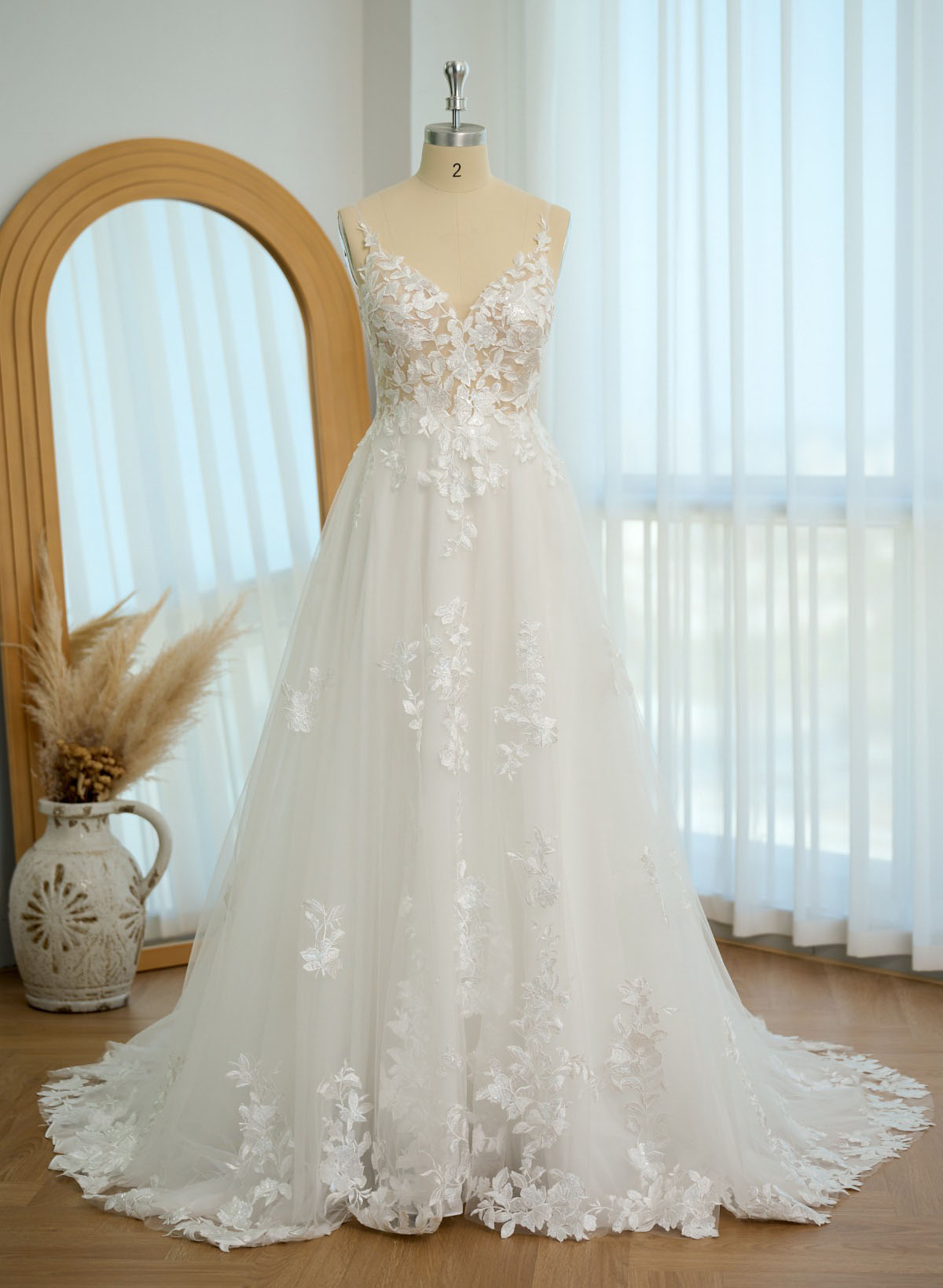 A-Line V-Neck Sleeveless Sweep Train Lace Wedding Dresses