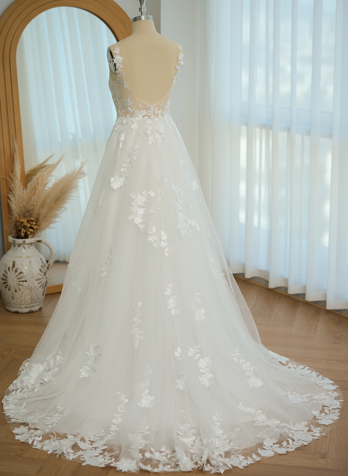 A-Line V-Neck Sleeveless Sweep Train Lace Wedding Dresses