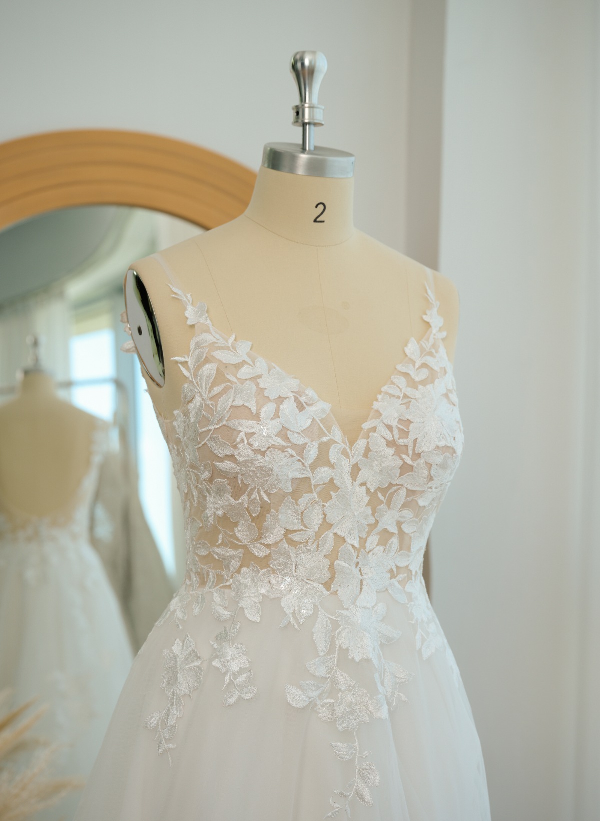 A-Line V-Neck Sleeveless Sweep Train Lace Wedding Dresses