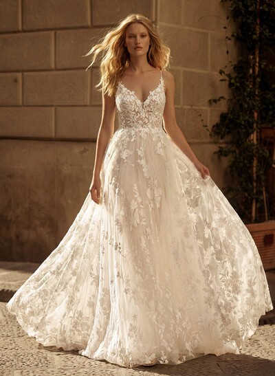 A-Line V-Neck Sleeveless Sweep Train Lace Wedding Dresses