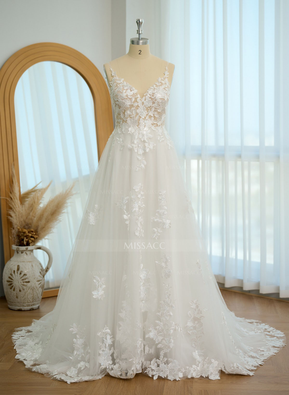 A-Line V-Neck Sleeveless Sweep Train Lace Wedding Dresses