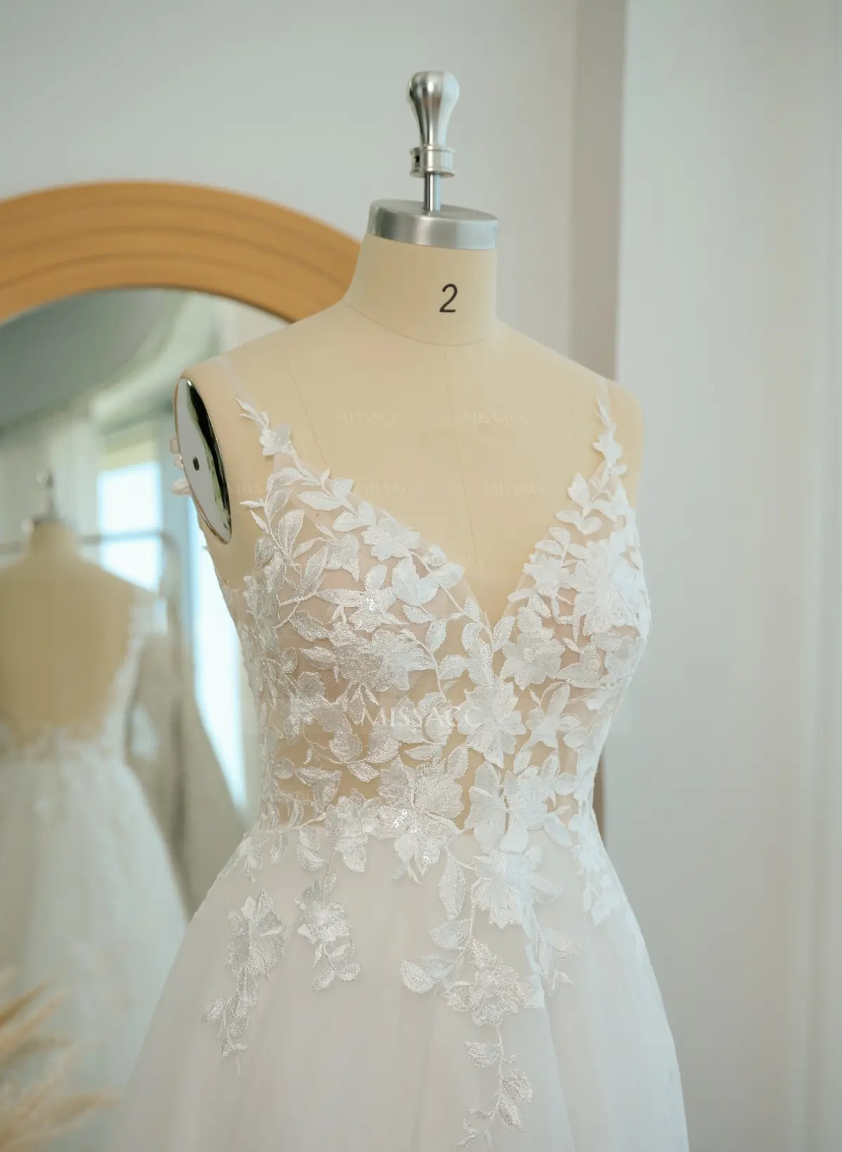 A-Line V-Neck Sleeveless Sweep Train Lace Wedding Dresses - Missacc