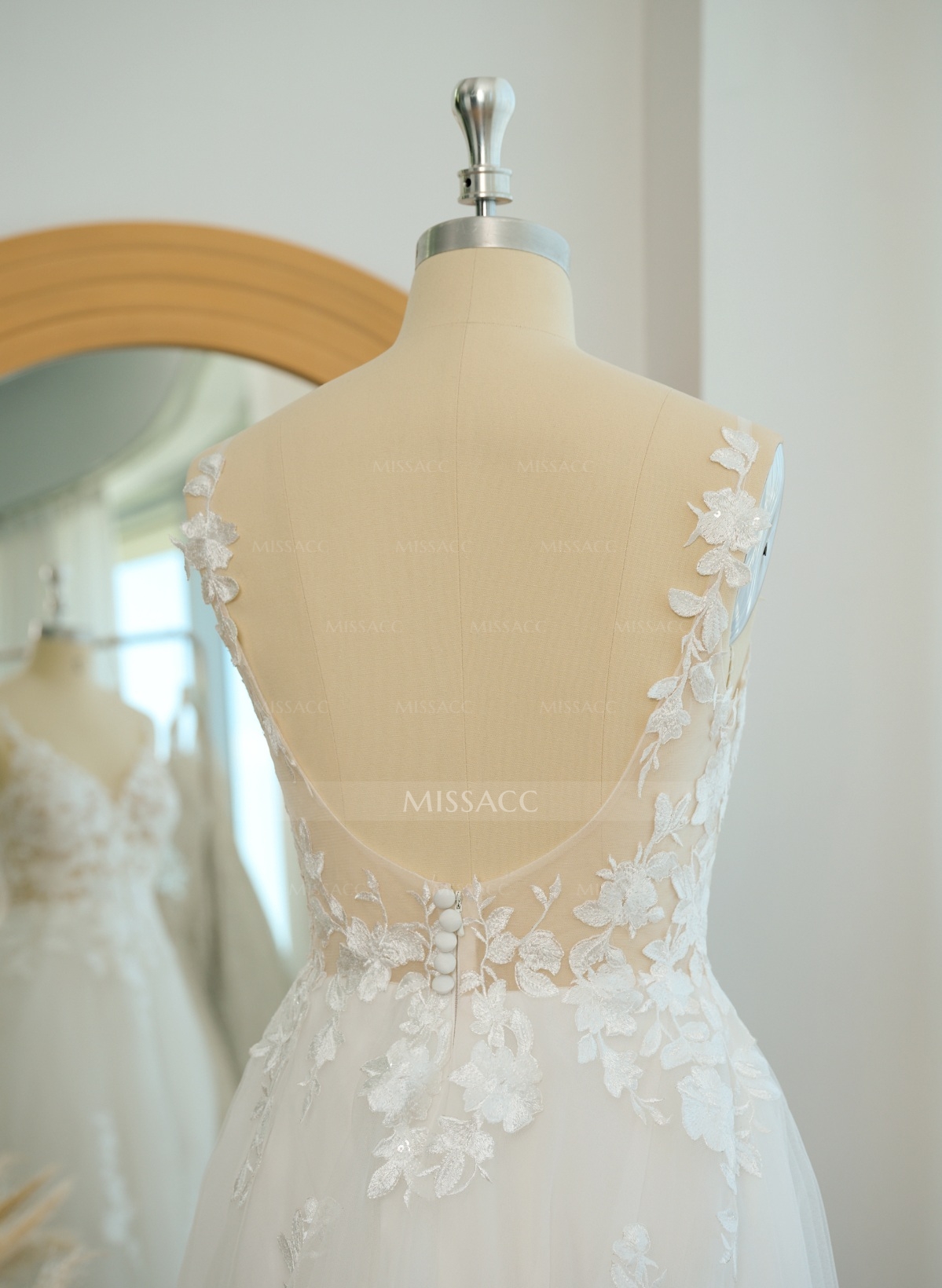 A-Line V-Neck Sleeveless Sweep Train Lace Wedding Dresses