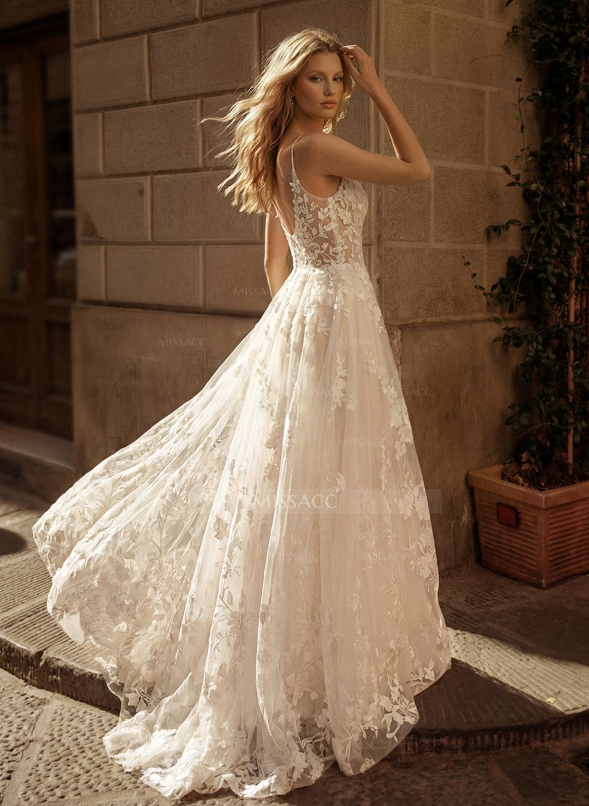 A-Line V-Neck Sleeveless Sweep Train Lace Wedding Dresses