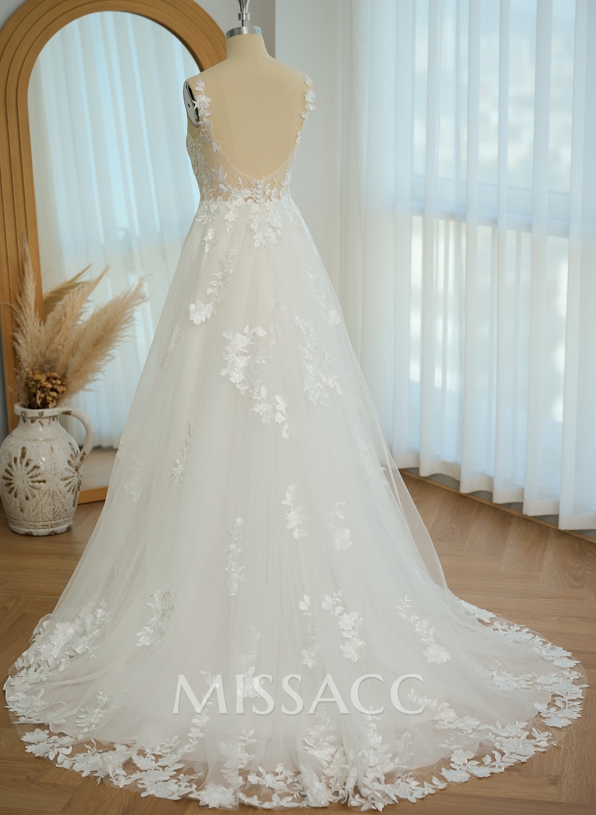 A-Line V-Neck Sleeveless Sweep Train Lace Wedding Dresses A-Line V-Neck Sleeveless Sweep Train Lace Wedding Dresses