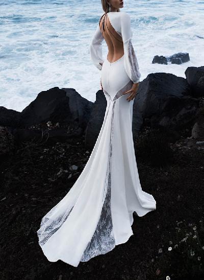 Mermaid Scoop Neck Long Sleeves Sweep Train Elastic Satin Wedding Dresses With Lace
