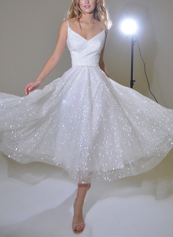 Shiny A-Line V-Neck Sleeveless Little White Sequined Wedding Dresses