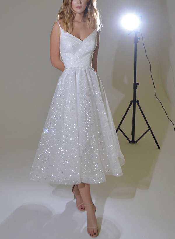 Shiny A-Line V-Neck Sleeveless Little White Sequined Wedding Dresses