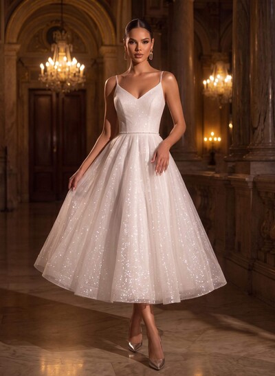 Shiny A-Line V-Neck Sleeveless Little White Sequined Wedding Dresses