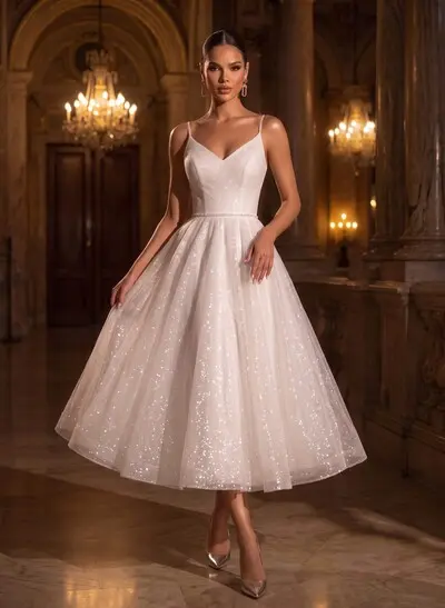 Shiny A-Line V-Neck Sleeveless Little White Sequined Wedding Dresses