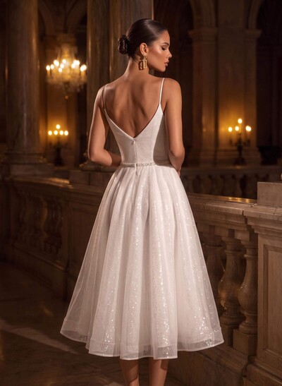 Shiny A-Line V-Neck Sleeveless Little White Sequined Wedding Dresses