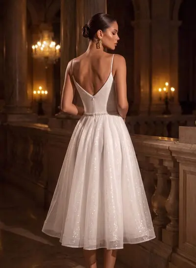 Shiny A-Line V-Neck Sleeveless Little White Sequined Wedding Dresses