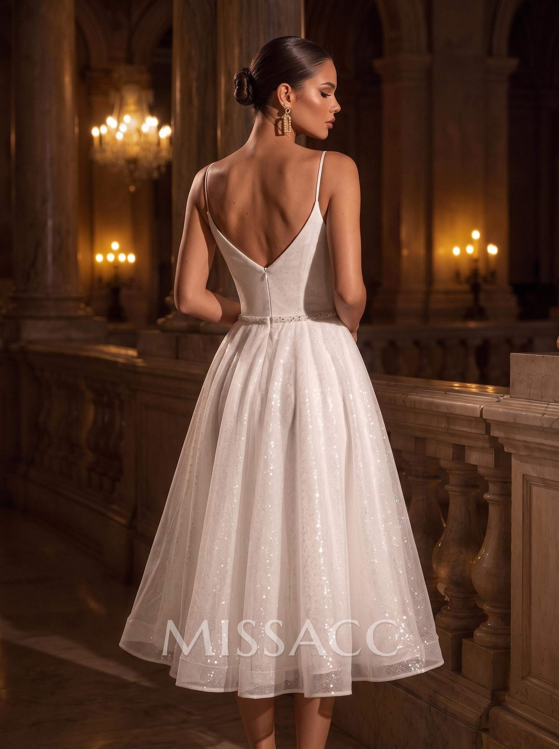 Shiny A-Line V-Neck Sleeveless Little White Sequined Wedding Dresses