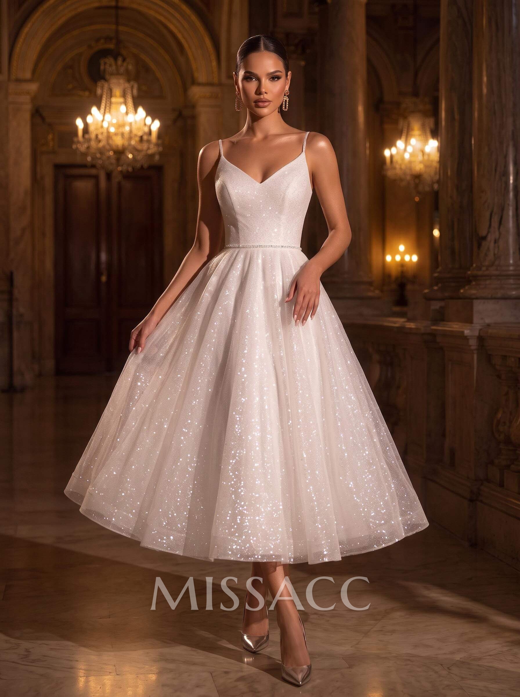 Shiny A-Line V-Neck Sleeveless Little White Sequined Wedding Dresses