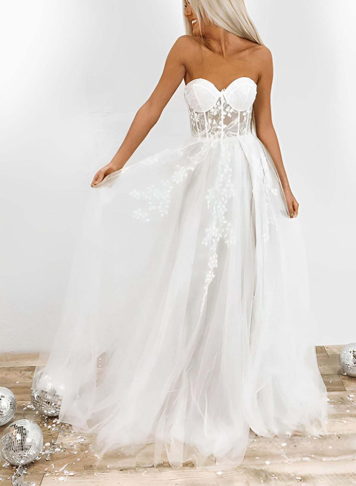 A-Line Sweetheart Sleeveless Floor-Length Tulle Wedding Dresses With Appliques Lace