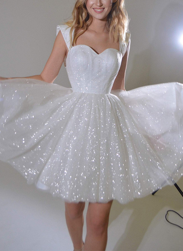 Sparkly Sequined Short Sweetheart A-Line Wedding Dresses With Sleeveless