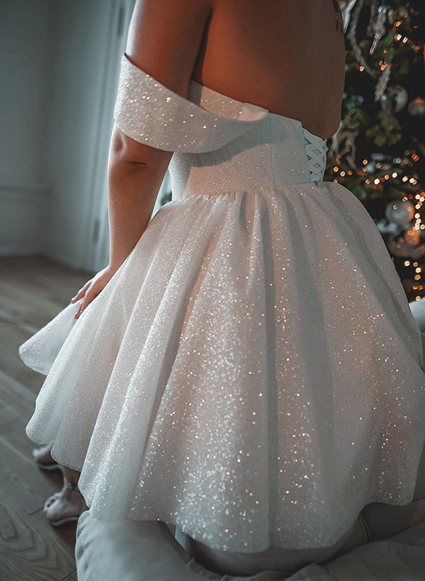 Sparkly Sequined Off-The-Shoulder Short Wedding Dresses