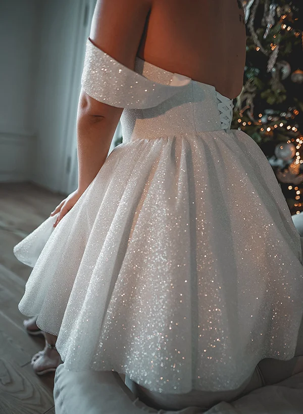 knee length dresses for ladies Sparkly Mini Short Wedding Dress with Stars, Vogue Reception Outfit  Boom  Blush