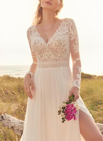 A-Line V-Neck Long Sleeves Sweep Train Wedding Dresses With Appliques Lace
