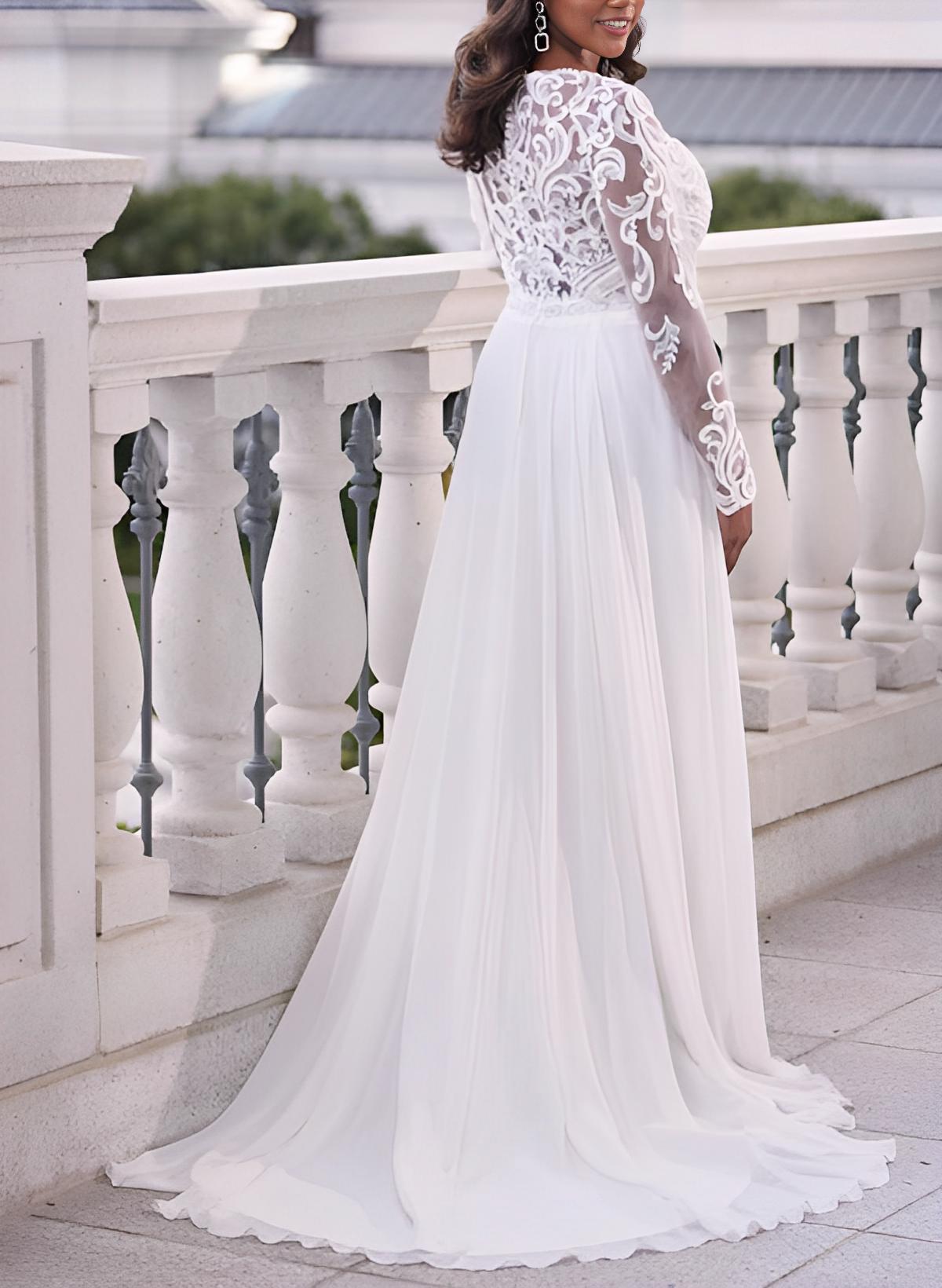 A-Line V-Neck Long Sleeves Sweep Train Wedding Dresses With Appliques Lace
